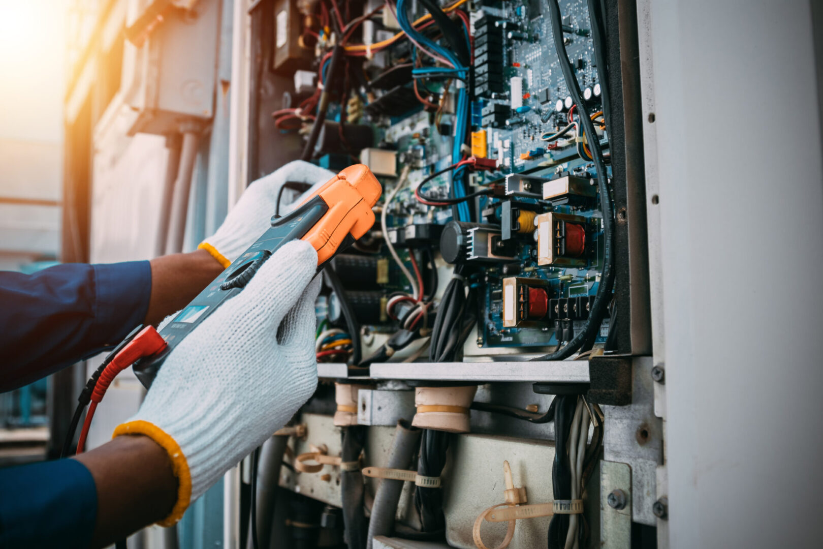 A technician wearing gloves uses an electric meter to test wires and components inside an electrical panel, ensuring everything is ready for the upcoming outlet installation.