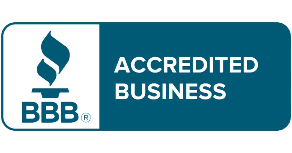 A blue and white logo for the bbb accredited business.